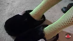 Play Interracial Femdom Foot Worship in Green Fishnets